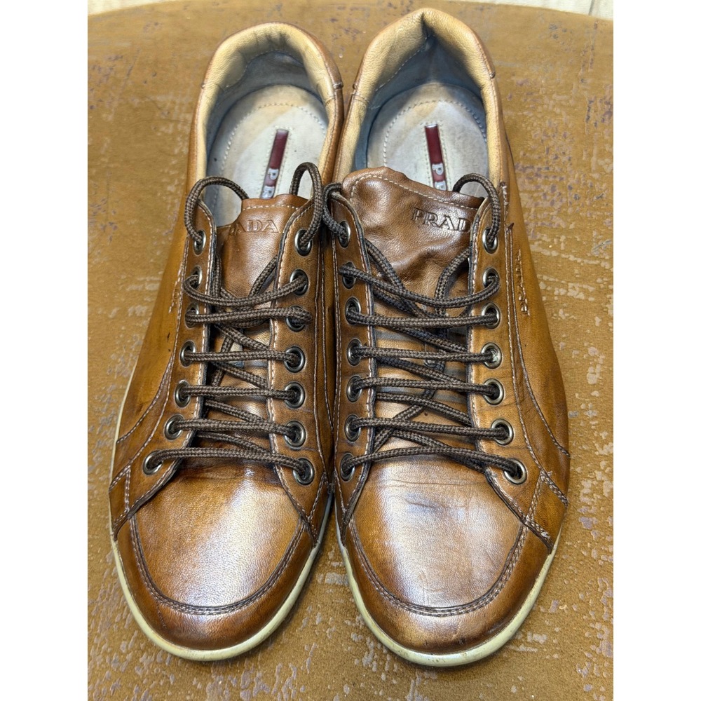 Prada Americas Cup Mens Brown Leather Low Top Sneakers 4E 2359 Italy Size 9